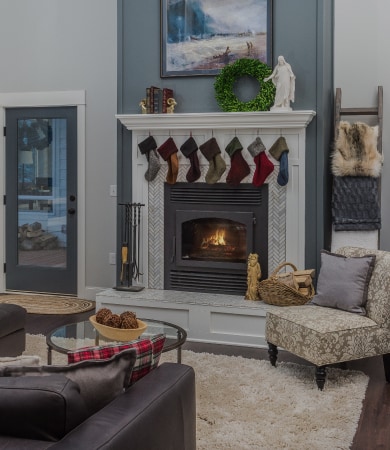 Traditional fireplace in renovated living room