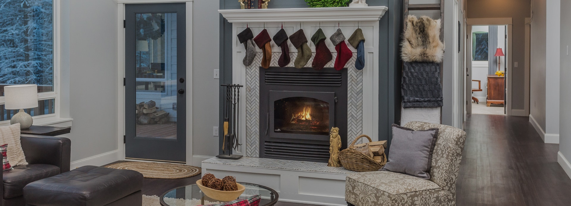 Renovated traditional fireplace with Christmas stockings