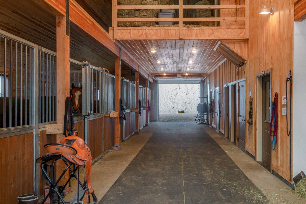 Horse stables with light wood interior walls and horses in their stalls