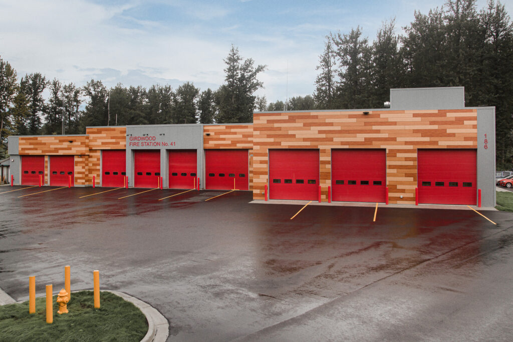 New, modern fire station with 9 red garages for firetrucks