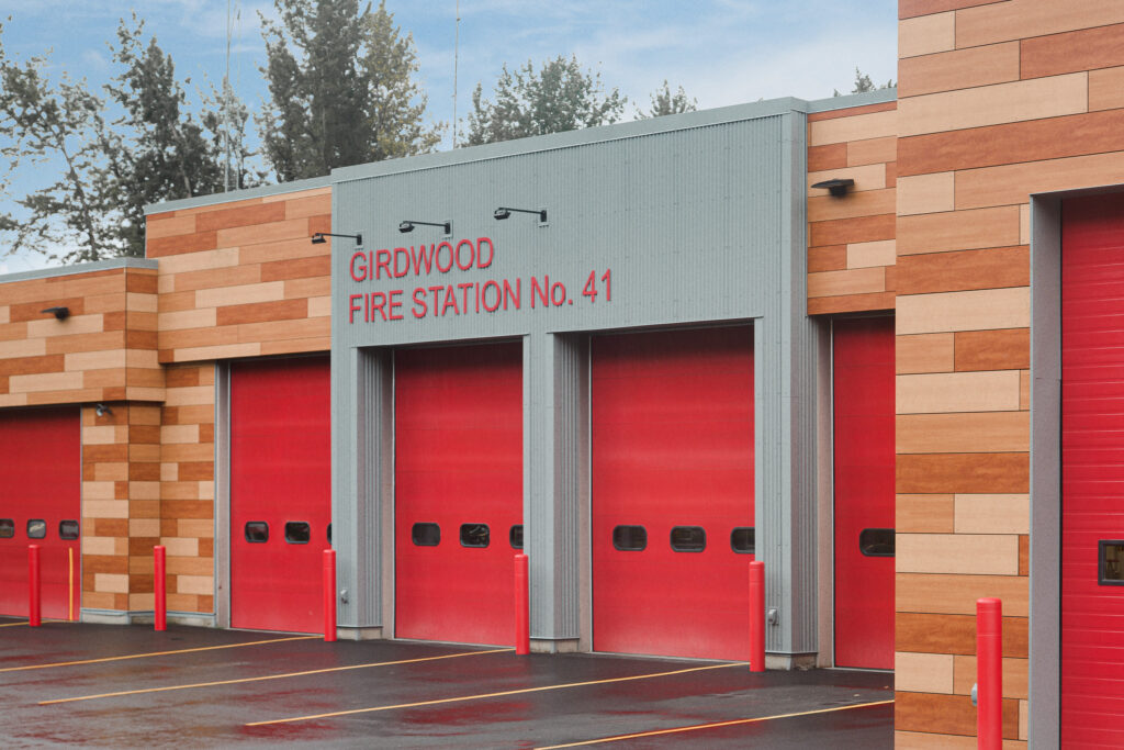 New, modern fire station with multiple garages for firetrucks