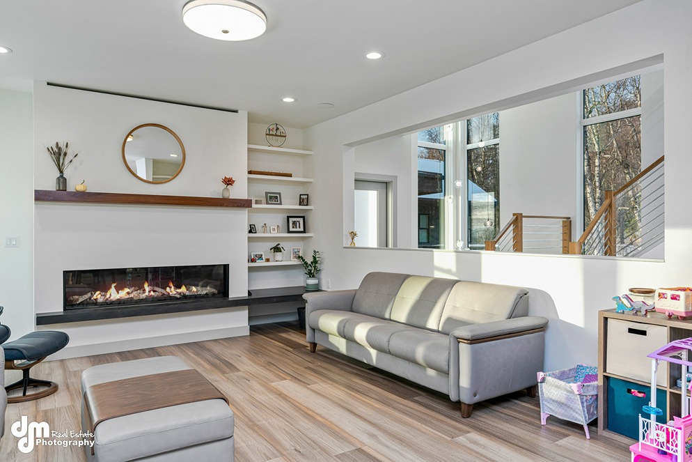 Modern living room inside custom home built in Alaska