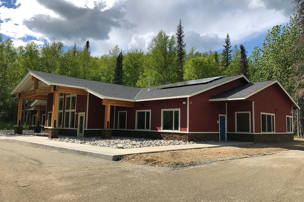 Exterior of a new 1-story red commercial building