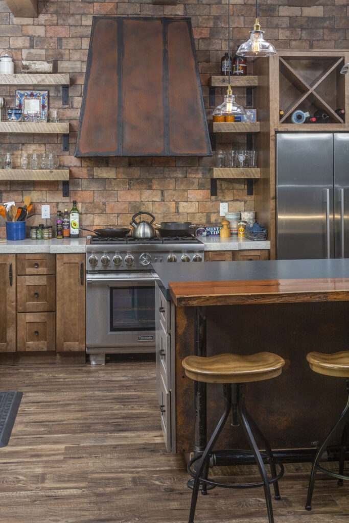 Warm tone custom kitchen with open shelving