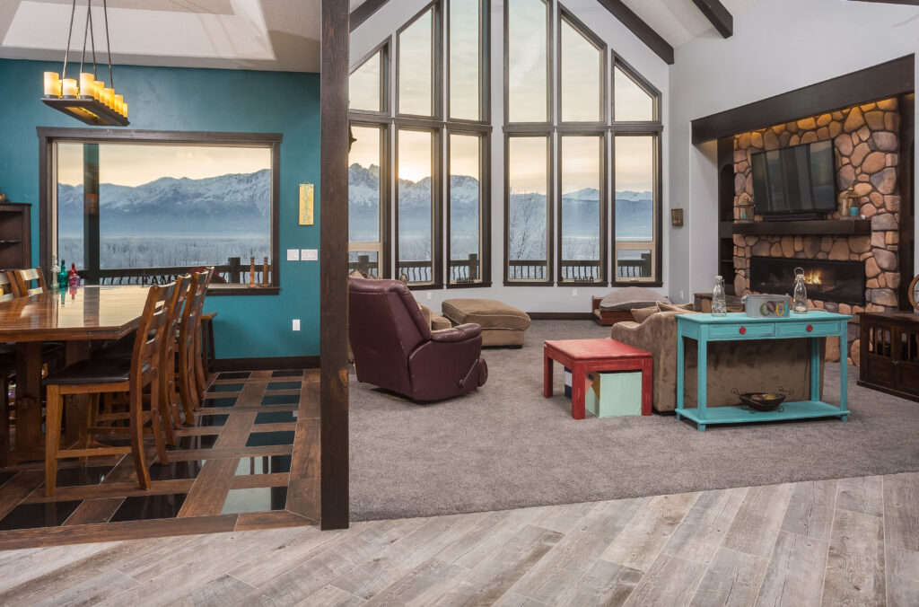 living and dining room in custom built home with mountain view