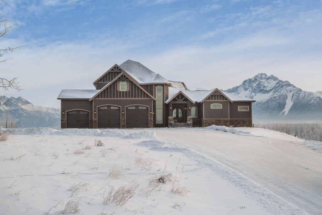 Overlook of Bluff Lot Estate in Wasilla during winter
