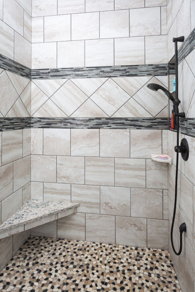 walk-in shower with custom tile