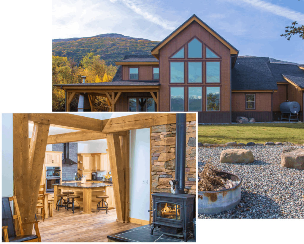 Modern wood paneled home with large windows in the mountains